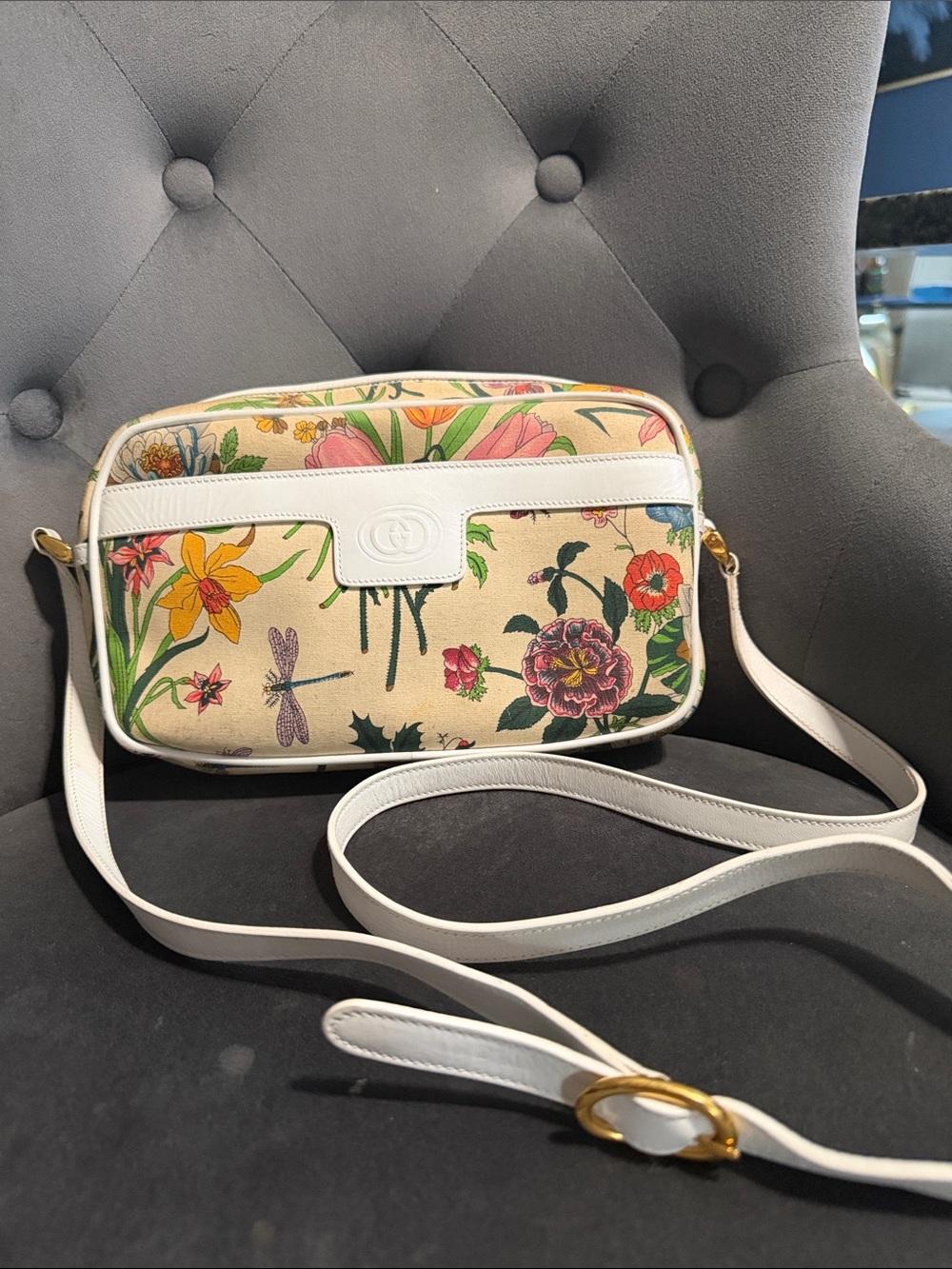 Gucci Cream Floral Canvas Crossbody with White Trim